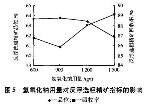 氫氧化鈉用量對(duì)反浮選粗精礦指標(biāo)的影響